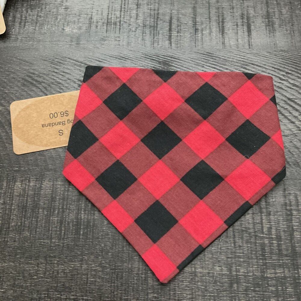 Dog Bandana Slide On Collar Elastic Band Buffalo Plaid Black Red Small New